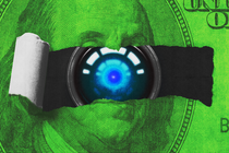 An illustration of a robotic eye peering out from a torn $100 bill.