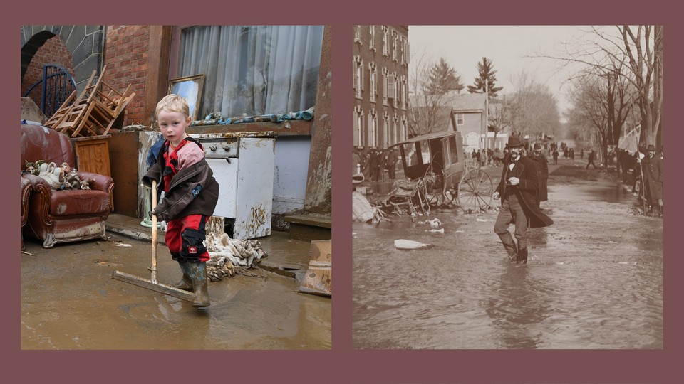 Two photos, one current and one historical, of floods