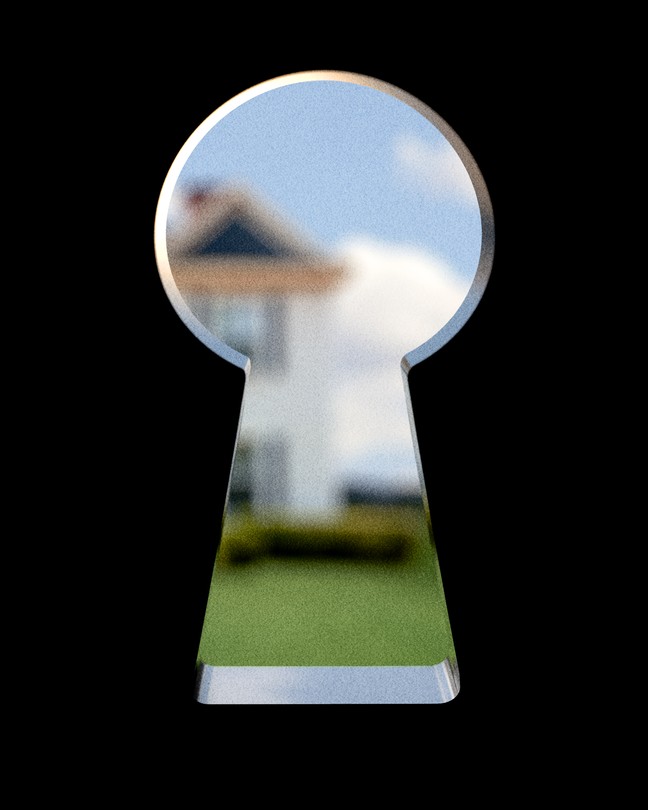 illustration of large keyhole in focus through which is a blurry house with blue sky and green lawn in distance