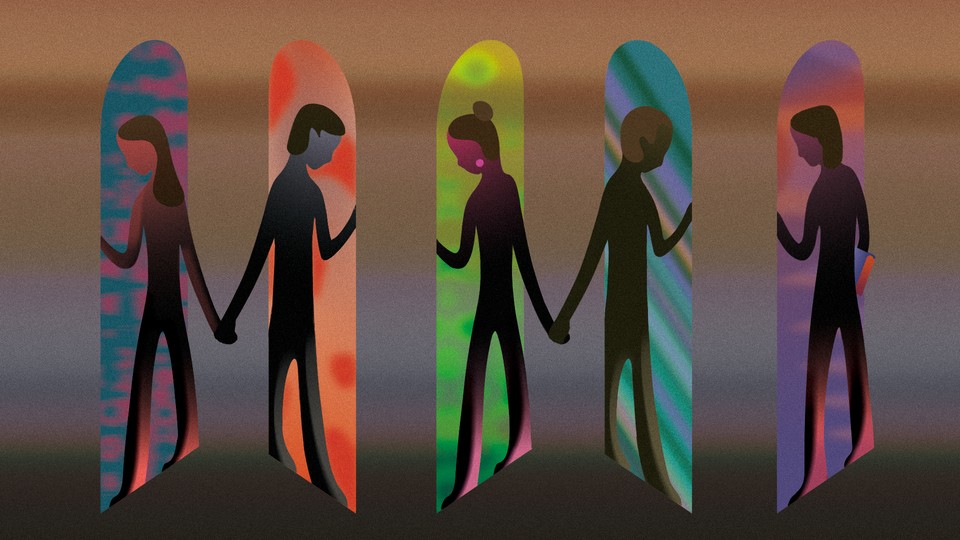 In an illustration, five different figures look down in arched columns