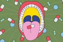 An illustration of a wide-open mouth surrounded by falling pills