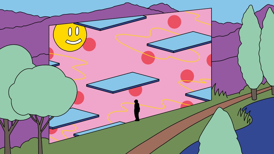 An illustration of a man walking on a nature trail beside a screen showing a yellow smiley face
