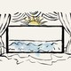 An illustration of a window open to the sea, with flowers on each side