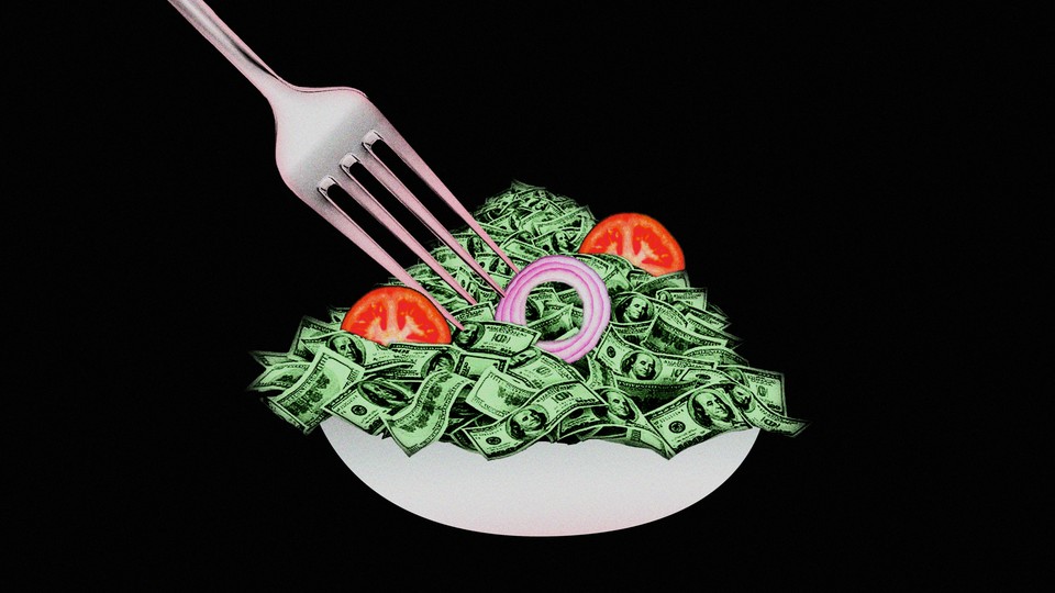 A bowl of salad, but the leaves are dollars