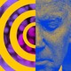 Half of Joe Biden's face, his eyes closed, set against yellow semicircles over purple coronavirus particles