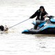 A person on a small watercraft pulls a rope tethered to a cow as it swims through floodwater.