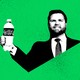 Collage of J. D. Vance against a green background holding up a bottle of Mountain Dew