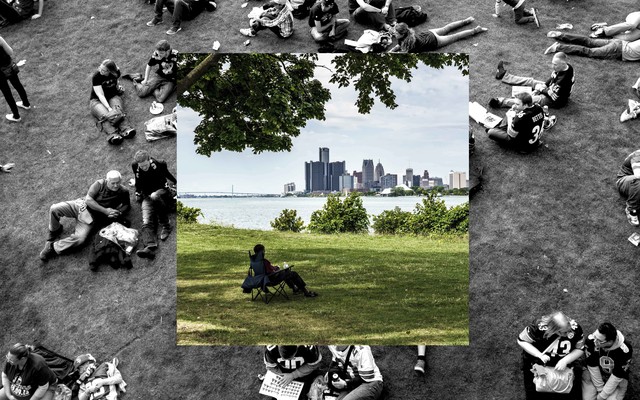 A photo of a man sitting alone in a park superimposed on a photo of people socializing together outdoors