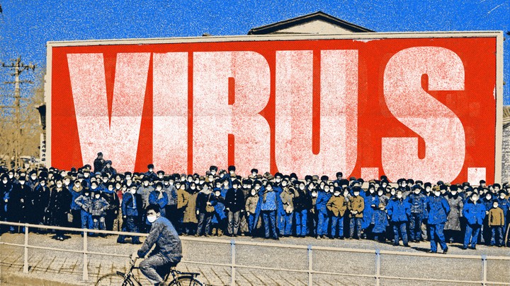 An illustration of Chinese nationals with a sign spelling out "VIRU.S." behind them.
