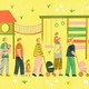 A colorful illustration of a playground with five dads walking through pushing strollers, accompanied by three children