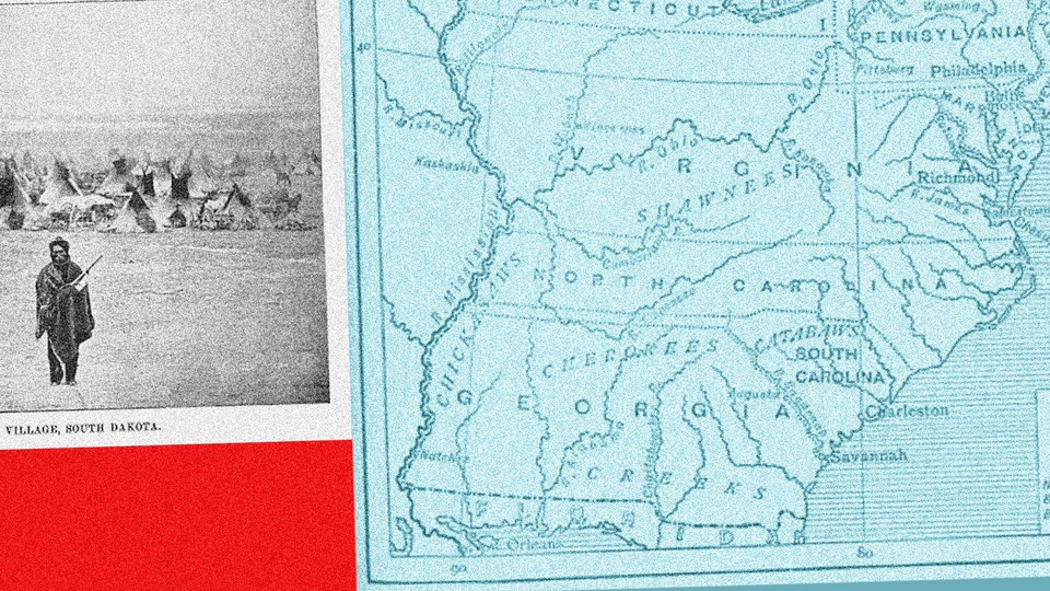 A photo collage of a map of the Mid-Atlantic and a photo of a native village in South Dakota.