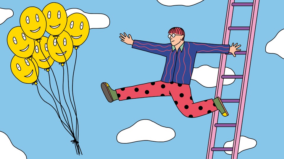 A man leaps off a ladder toward a group of happy-face balloons