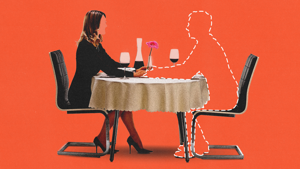 An illustration of a woman sitting at a table across from a silhouette from a man drawn with a dotted line.