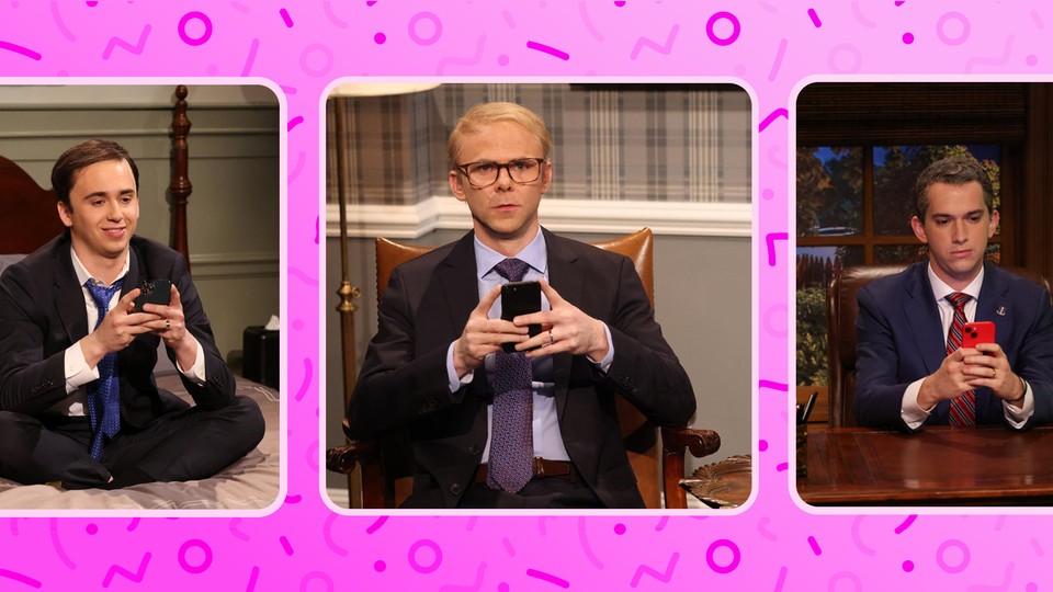Marcello Hernández, Mikey Day, and Andrew Dismukes in SNL's "Group Chat" cold open