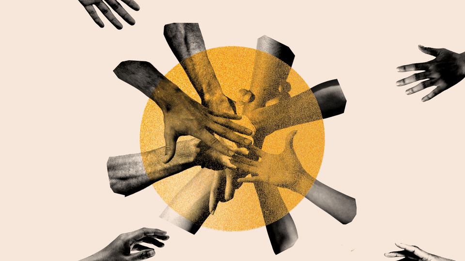 Illustration of hands joining together over a yellow circle