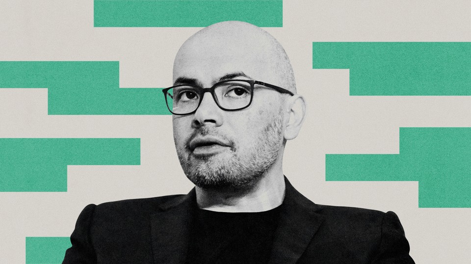 Illustration with a black-and-white photograph of Demis Hassabis with green pixels behind him