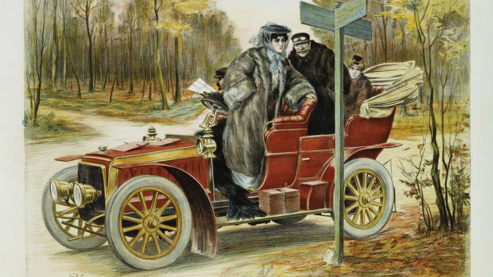 A painting of two people in an old-fashioned car, peering quizzically at a crossroads sign