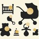 Illustration featuring various items of baby gear with gold medals on them