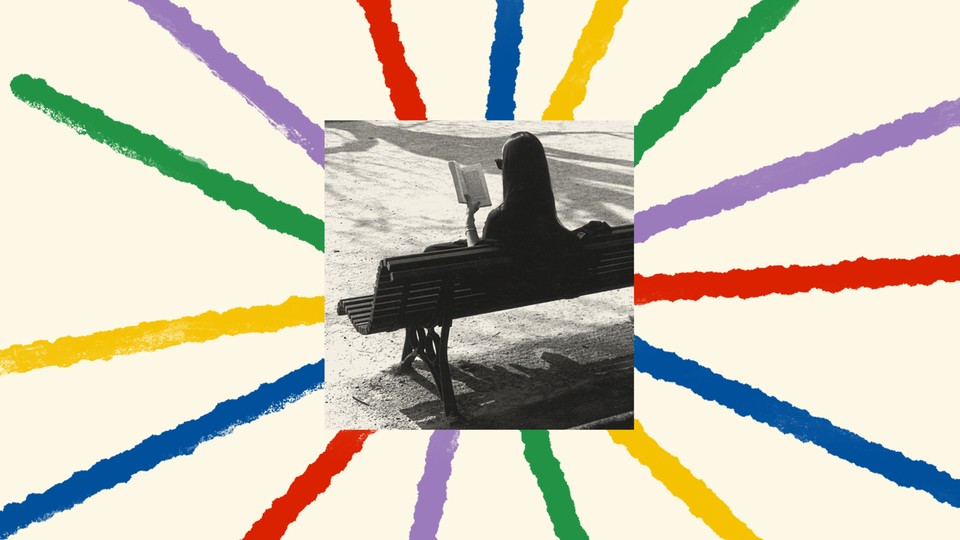 A starburst of colorful stripes including purple, yellow, green, red, and blue extend out from a black-and-white photo of a young woman reading a book on a park bench.