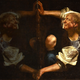 A sideways version of Caravaggio's "Narcissus" with Donald Trump's face on the character's body, admiring his own reflection.