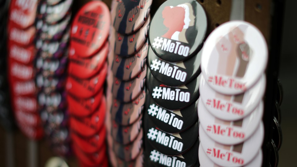 A vendor sells #MeToo badges in Los Angeles.