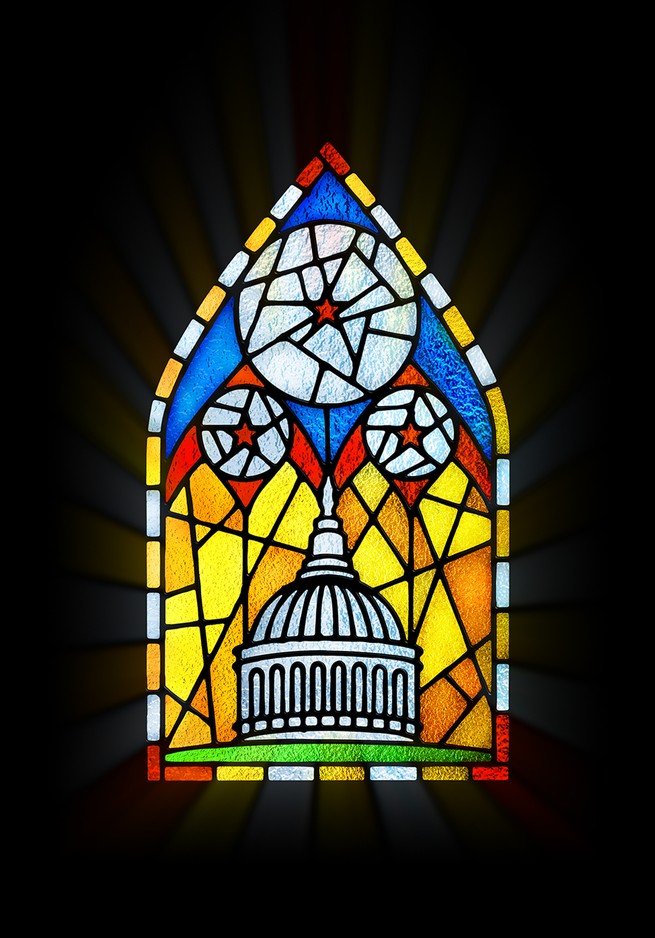 illustration of a stained glass window of the U.S. Capitol dome with stars