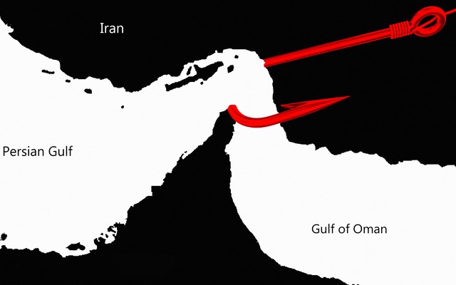 Illustration of a black and white map with a large red hook around the Strait of Hormuz