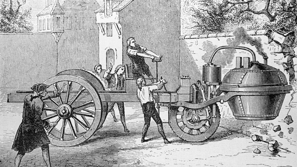 A 1770 engraving of a steam engine crushing a wall