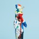 illustration of white statue of man holding toddler on shoulders covered in spray paint