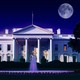 A composite image showing the White House with an eerie purplish background and a full moon