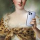 Painting of a woman draped in a flowing dress with a fur stole, with an iPhone photoshopped into her hand