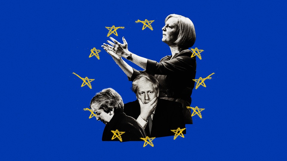 Photo illustration of Liz Truss, Boris Johnson, and Theresa May on a blue background, surrounded by yellow EU-flag stars