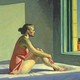 A painting of a woman sitting on a bed looking out the window