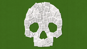 An illustration of printed essays arranged to look like a skull.
