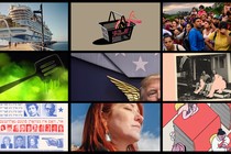 A collage of nine illustrations from major Atlantic stories published in 2024. Top row, L-R (A cruise ship Icon of the Seas; an illustration with a DNA helix inside a shopping basket; a photograph of migrants waiting in the village of Bajo Chiquito to board canoes). Middle row, L-R (An illustration of a melting black spatula on a spooky green background; a headshot of Trump; an illustration of a family sitting on a porch with missing children cut out). Bottom row, L-R (An illustration of Jewish-American figures; a photograph of a woman with her eyes closed in the sunshine; an illustration of cartoony students sitting at desks that resemble stacks of books).