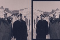 A mirrored sepia-toned photo of President Richard Nixon and Secretary of State William Rogers with Chinese Deputy Premier Li Xiannian during a visit to the Great Wall of China.