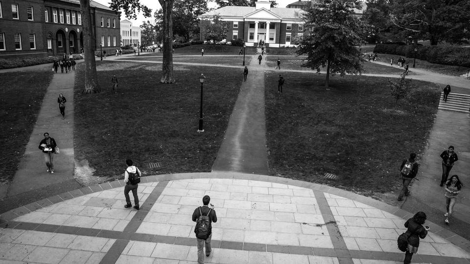 A black and white photo of the campus of Amherst College.