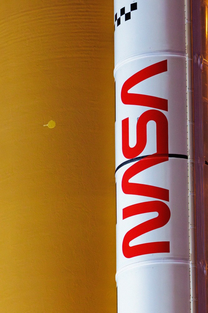 A closeup of Artemis 2 showing the classic NASA font