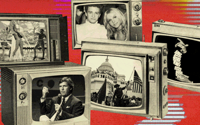 A wall of flashing TV screens