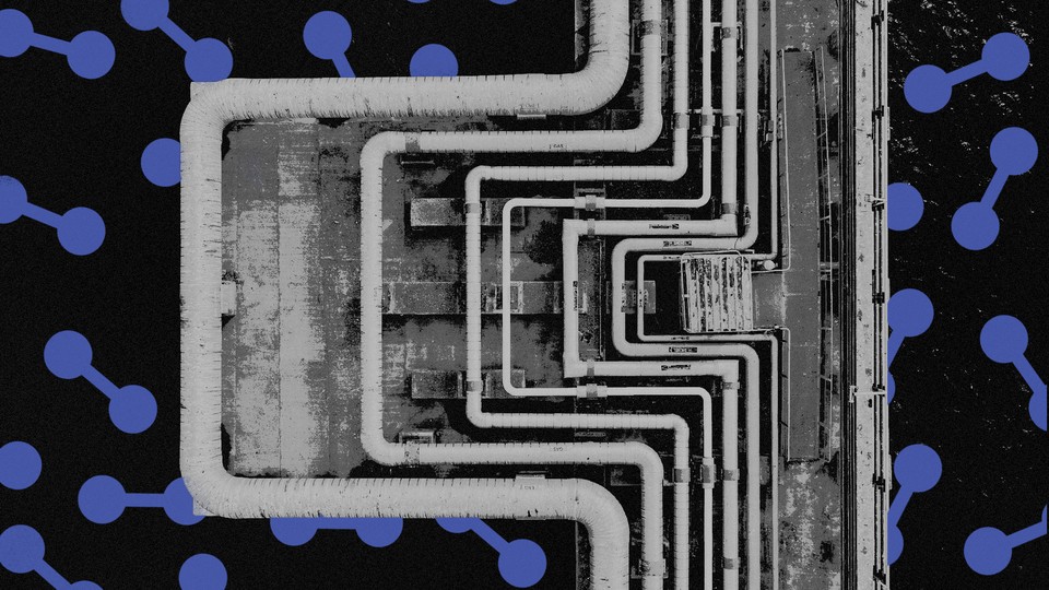 A series of nested liquid natural gas pipes in greyscale set against a black background decorated with illustrations of molecules