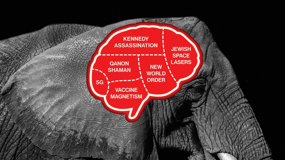 An elephant with a red brain made up of conspiracy theories: Kennedy assassination, Jewish space lasers, new world order, QAnon shaman, 5G, and vaccine magnetism