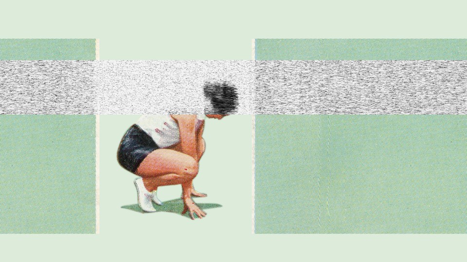 An abstract image depicting a squatting runner whose head is stuck in a band of fuzzy static