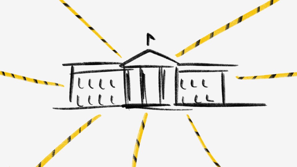 A sketch of the White house with caution tape coming out of it
