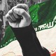 A collage shows an Iranian flag and a raised fist partly obscuring a black-and-white image of a protest.