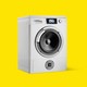 Illustration: washing machine with speaker on yellow background