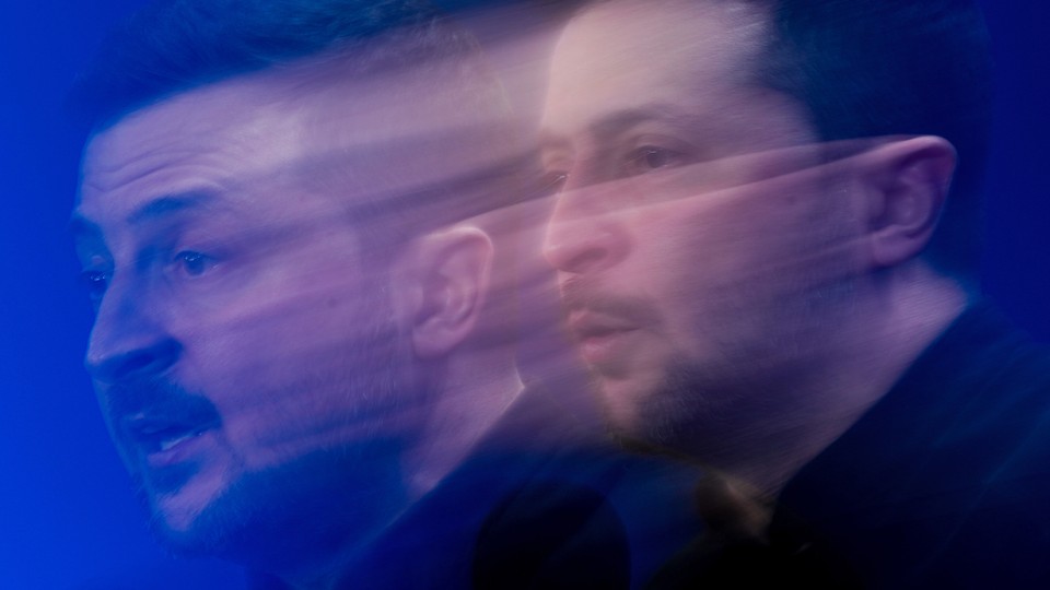 Blurred photo of Zelensky speaking, making it look as if he has two faces