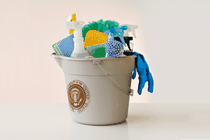 An illustration shows cleaning supplies inside a bucket with the presidential seal on it.