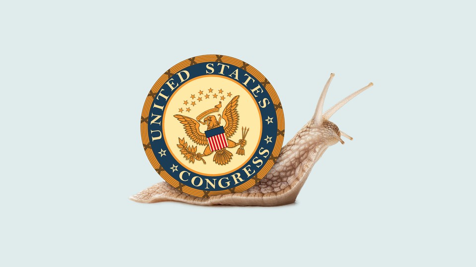 An illustration of a snail with the U.S. Congress seal as its shell.