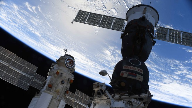 The Nauka module is seen docked to the International Space Station