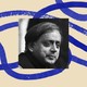 A black-and-white photo of Shashi Tharoor, inlaid on an illustrated background